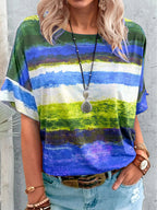 Women's casual short sleeve T-shirt with contrast round neck from Trendsi, featuring a comfortable fit and stylish design.