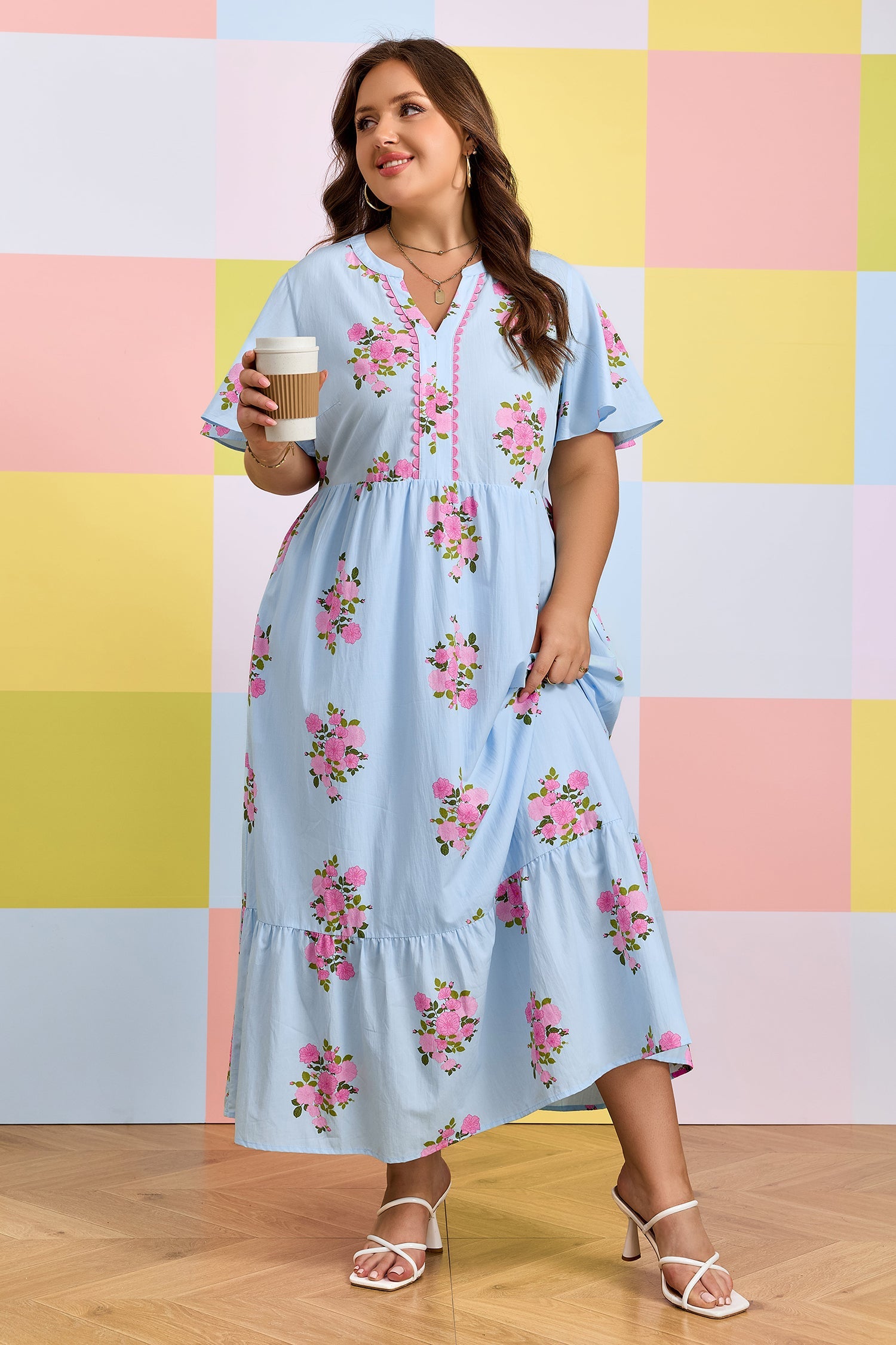 Plus size Lucy Print scalloped trim maxi dress by Threaded Pear, featuring a vibrant floral pattern and elegant scalloped hem.