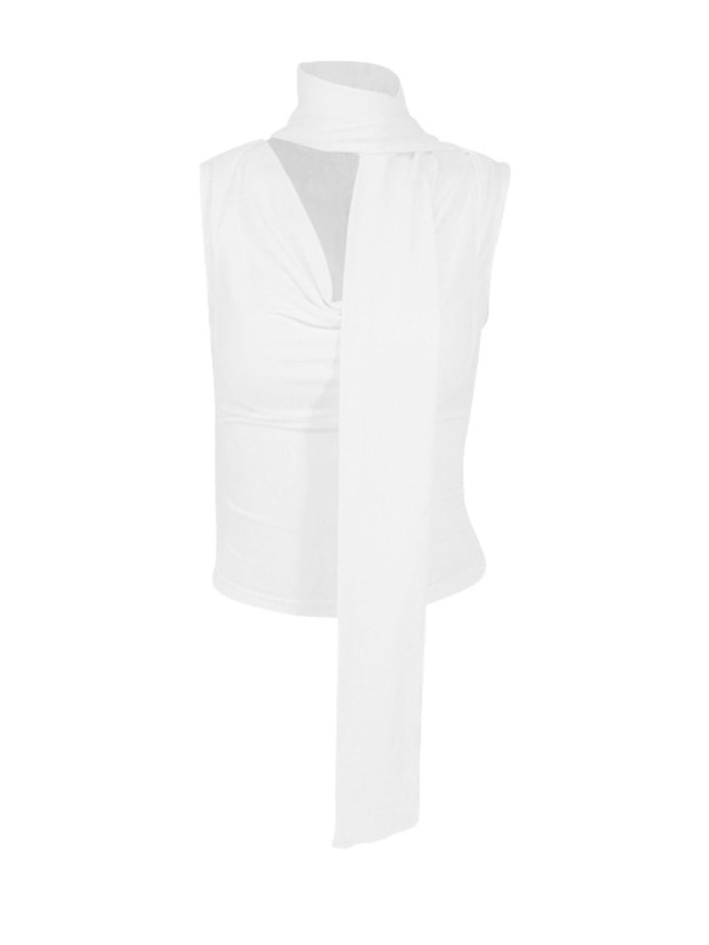 Elegant satin-feel cowl neck sleeveless blouse with ruched detailing, versatile for stylish casual or evening wear.