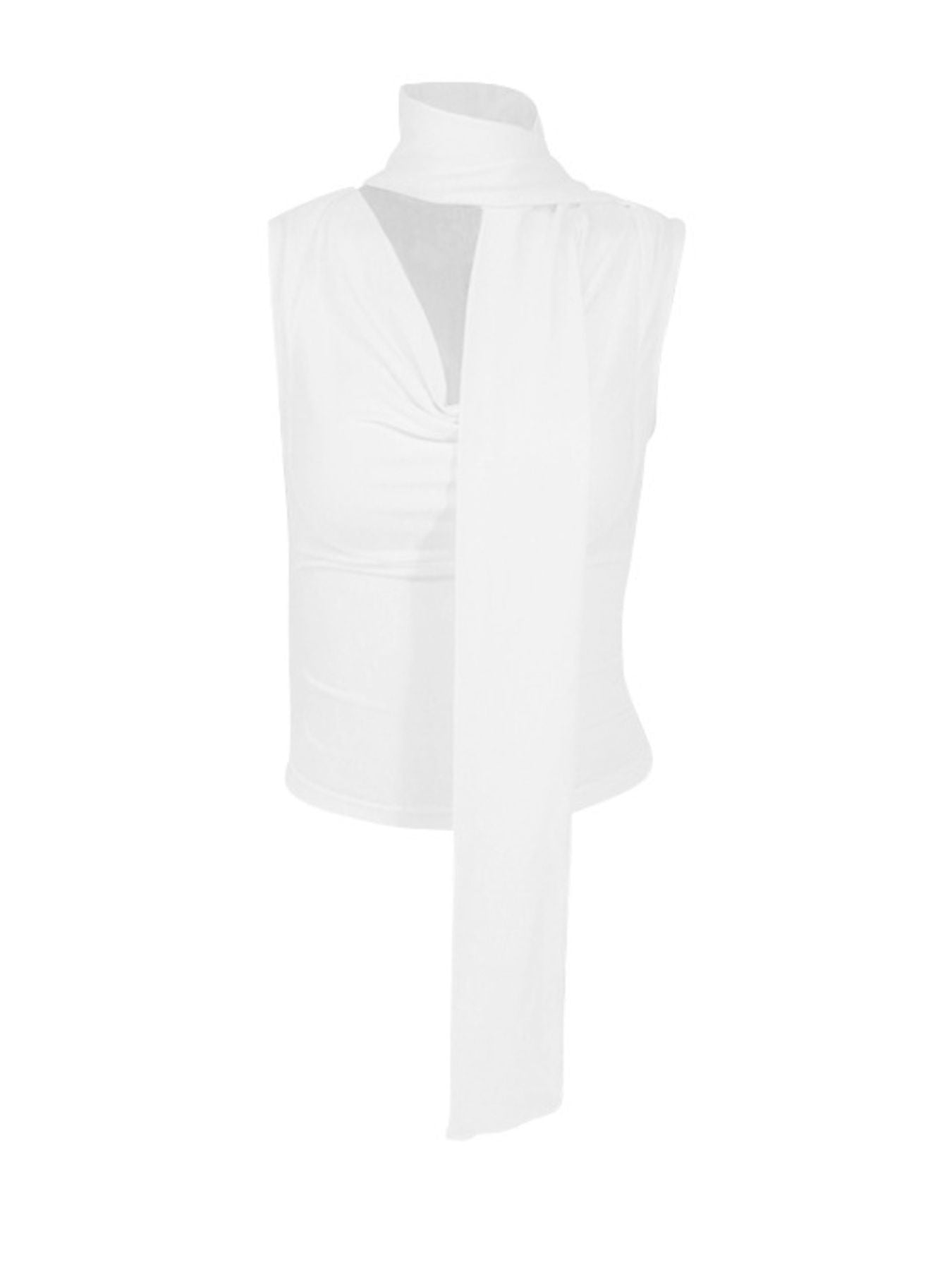 Elegant satin-feel cowl neck sleeveless blouse with ruched detailing, versatile for stylish casual or evening wear.