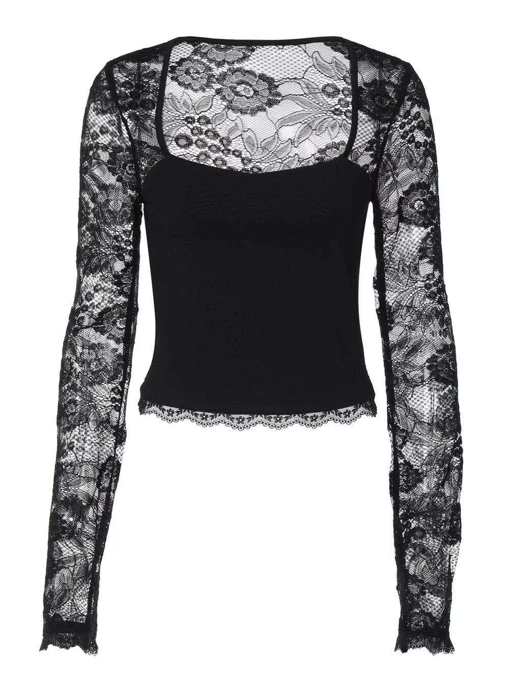 Sheer lace sleeve square neck t-shirt by Shopimist, featuring a stylish design with delicate lace details and a modern fit.