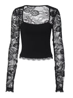 Sheer lace sleeve square neck t-shirt by Shopimist, featuring a stylish design with delicate lace details and a modern fit.
