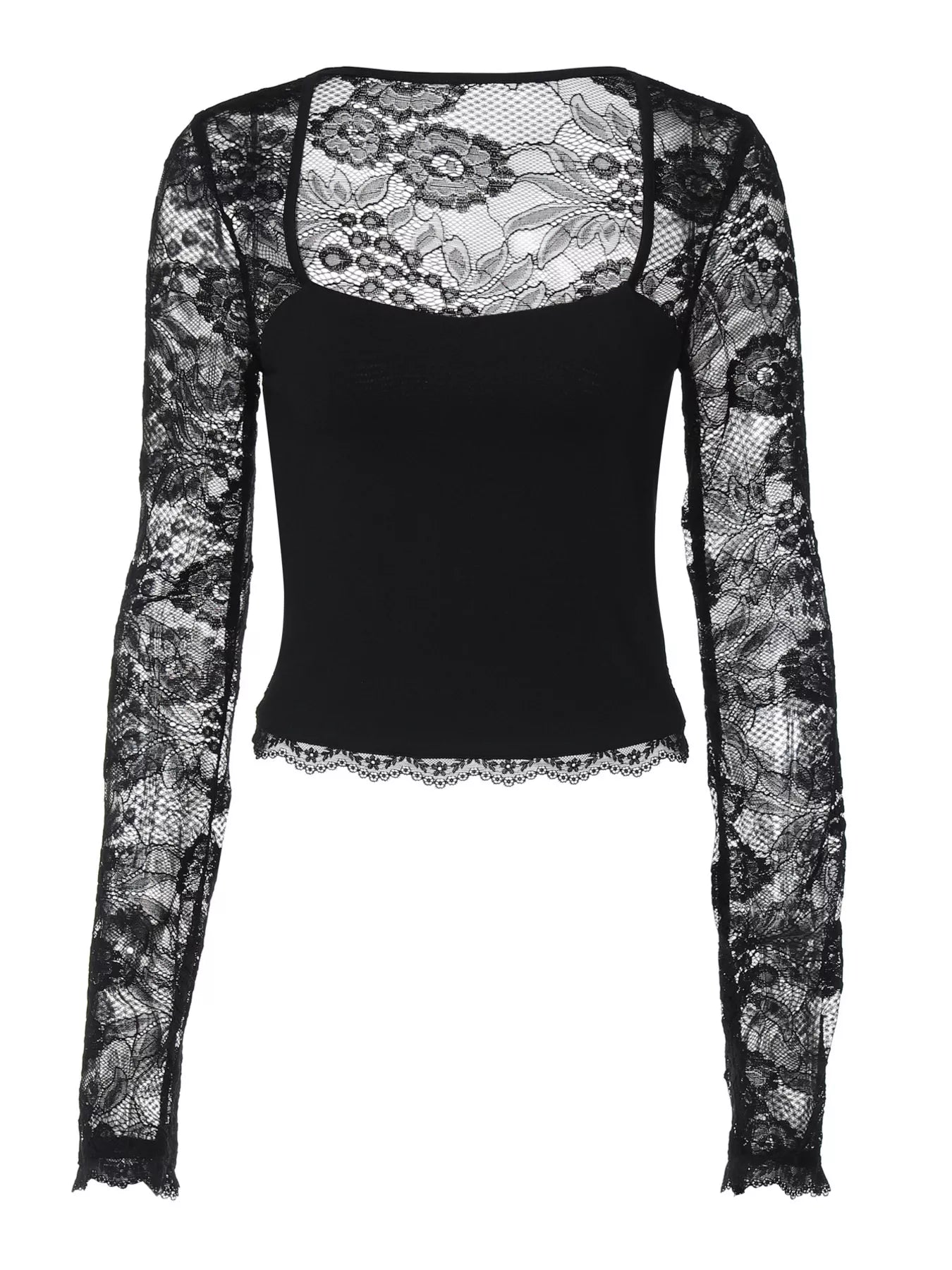 Sheer lace sleeve square neck t-shirt by Shopimist, featuring a stylish design with delicate lace details and a modern fit.