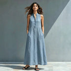 Women's FitiqueFit stand-collar A-line maxi dress with a flowing silhouette, perfect for resort and vacation styles.