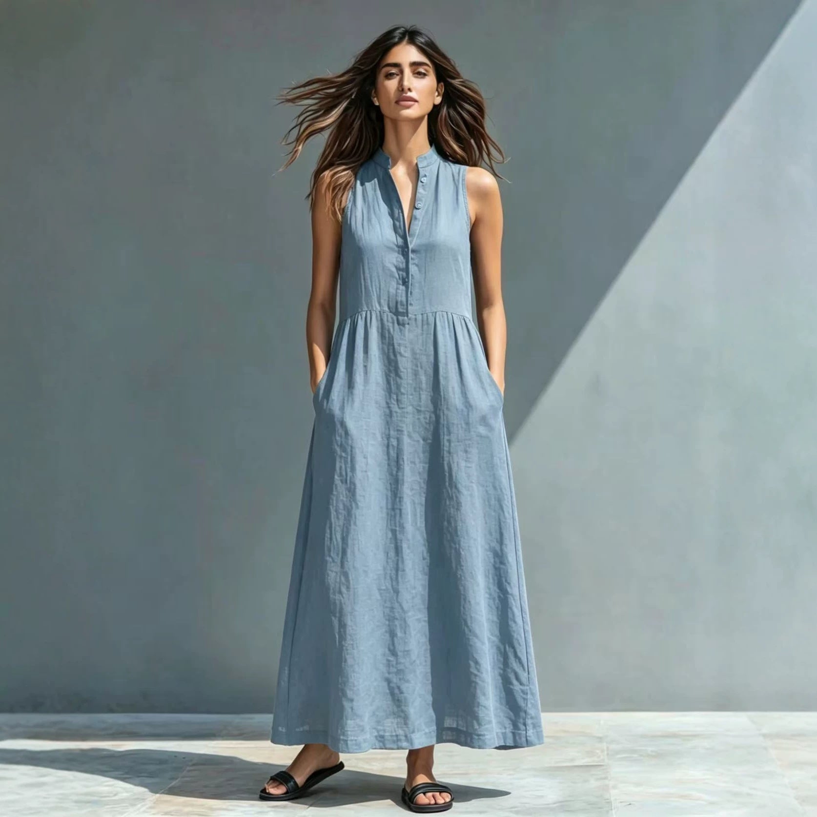Women's FitiqueFit stand-collar A-line maxi dress with a flowing silhouette, perfect for resort and vacation styles.
