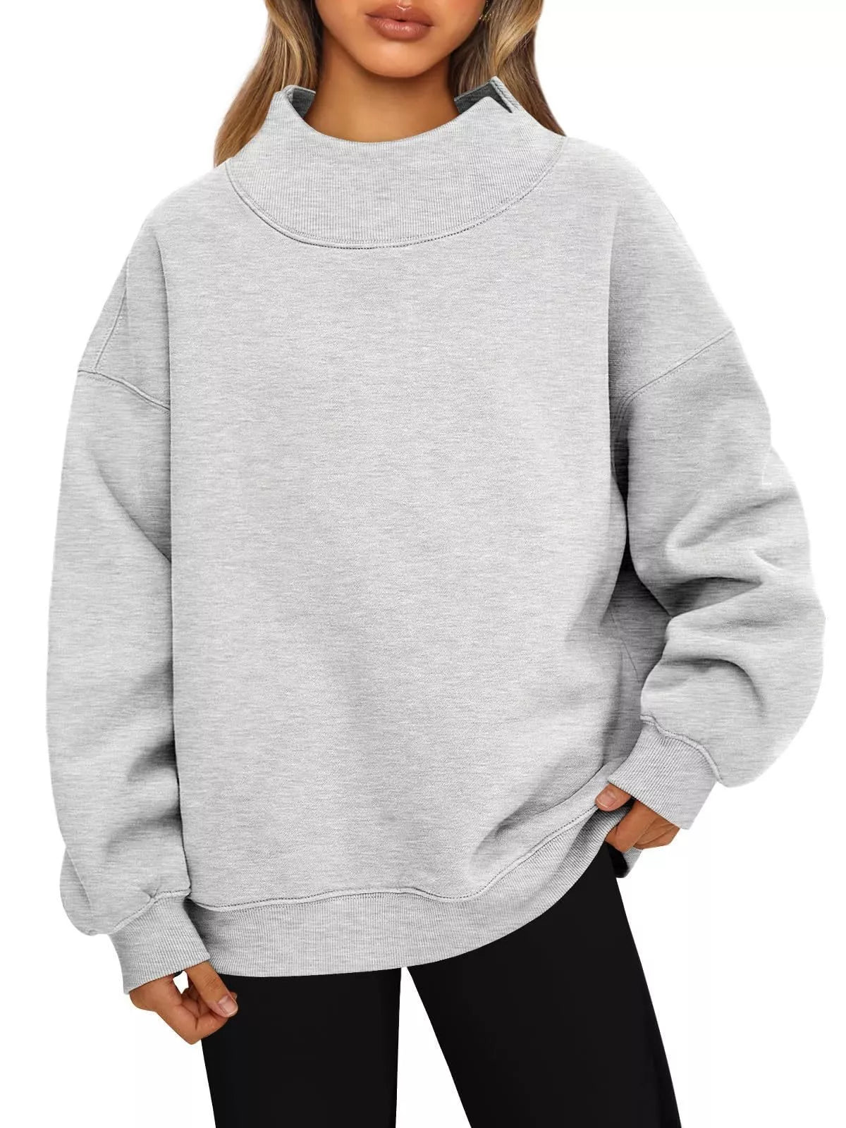 Women's oversized mock neck sweatshirt with dropped shoulders, casual fit, and cozy pullover style from Trendsi.