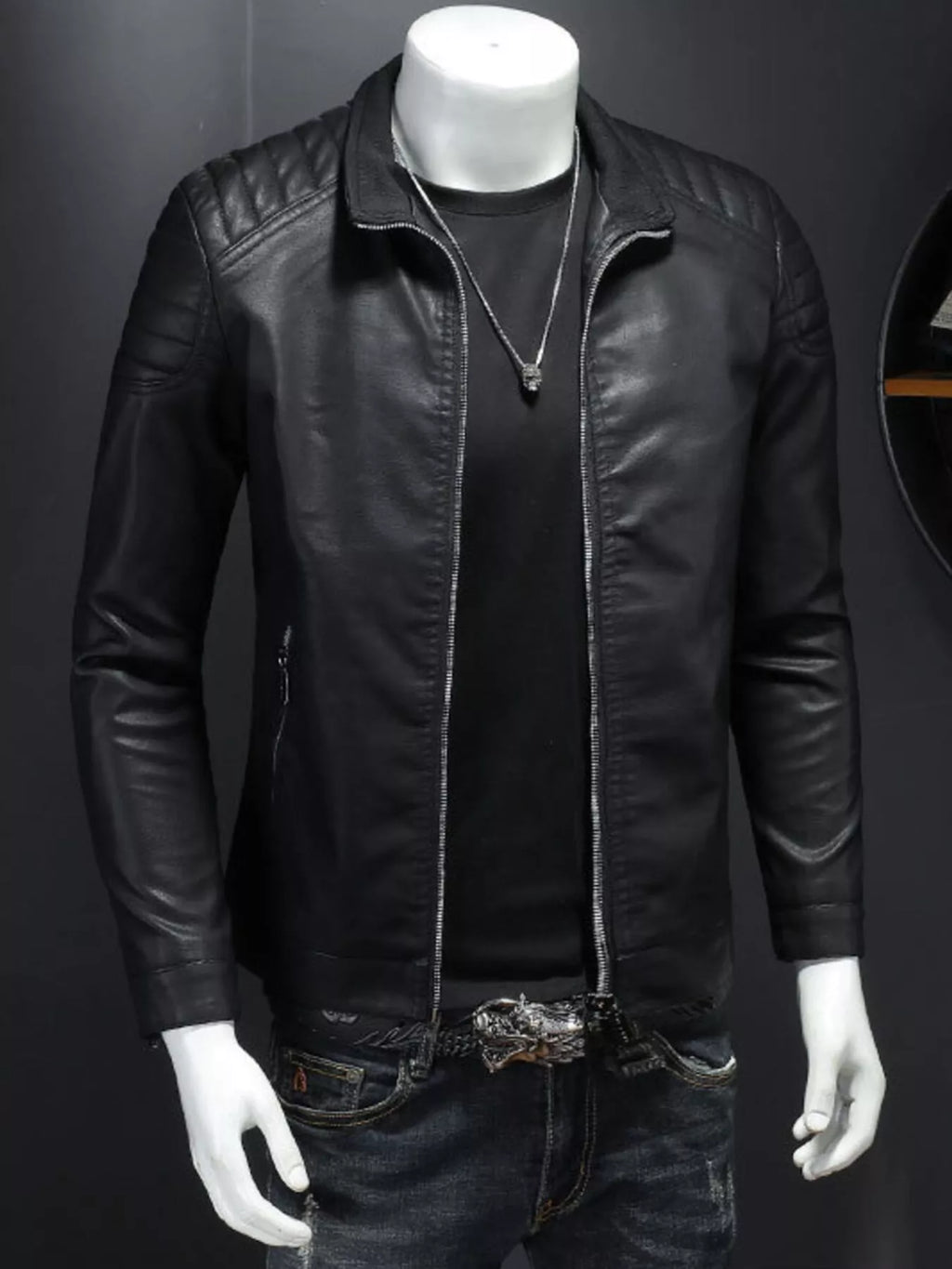 Plus size men's zip-up long sleeve jacket by Shopimist, shown in dark color, with front zipper and casual fit.
