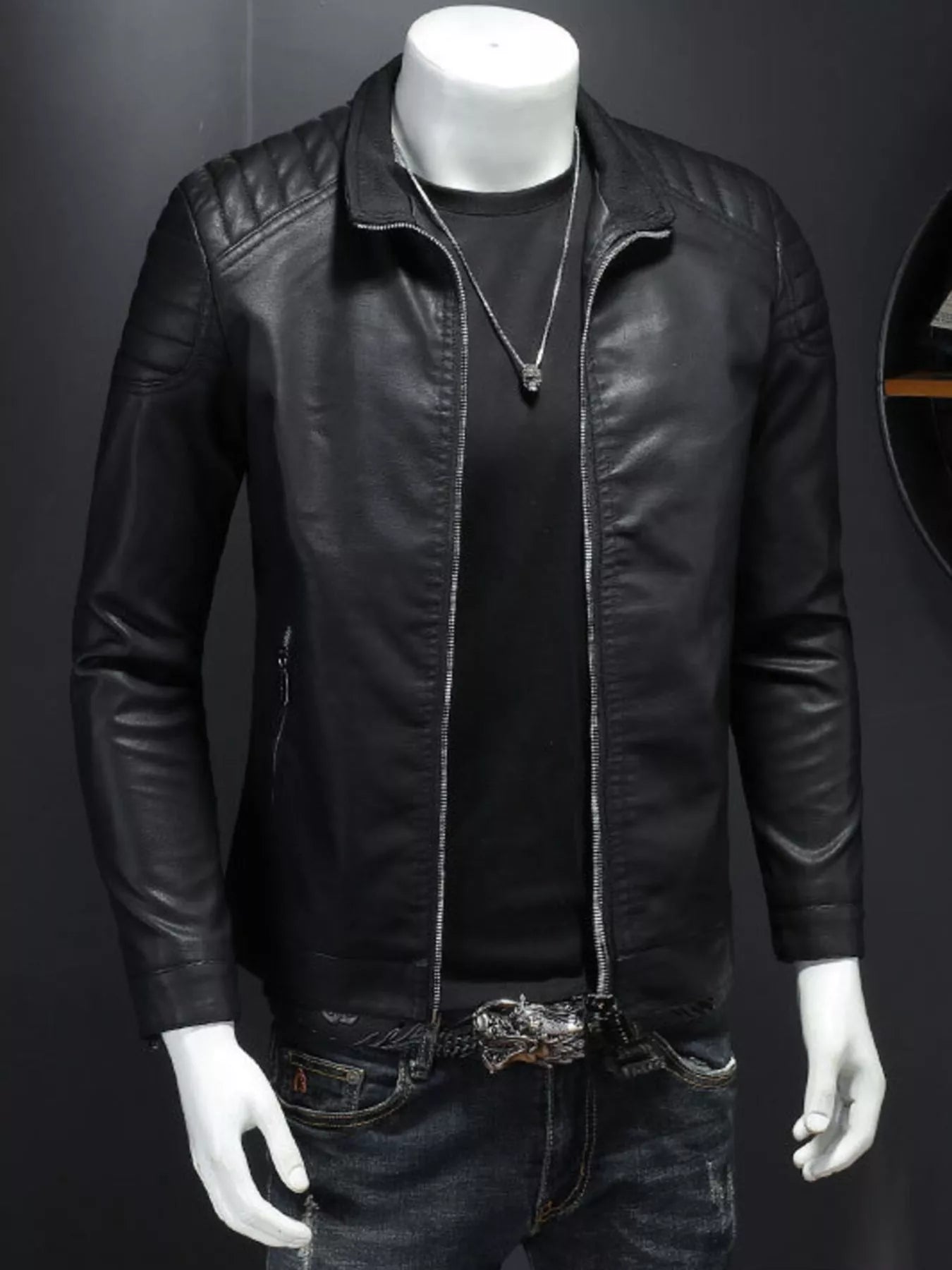 Plus size men's zip-up long sleeve jacket by Shopimist, shown in dark color, with front zipper and casual fit.