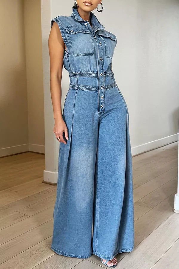 Sleeveless wide-leg denim jumpsuit with button-front by Plush Fashion Hub, featuring a casual fit and classic denim wash.