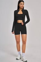 Fitglutes Activewear 3-piece set including a sports bra, jacket, and shorts for gym and workout activities.