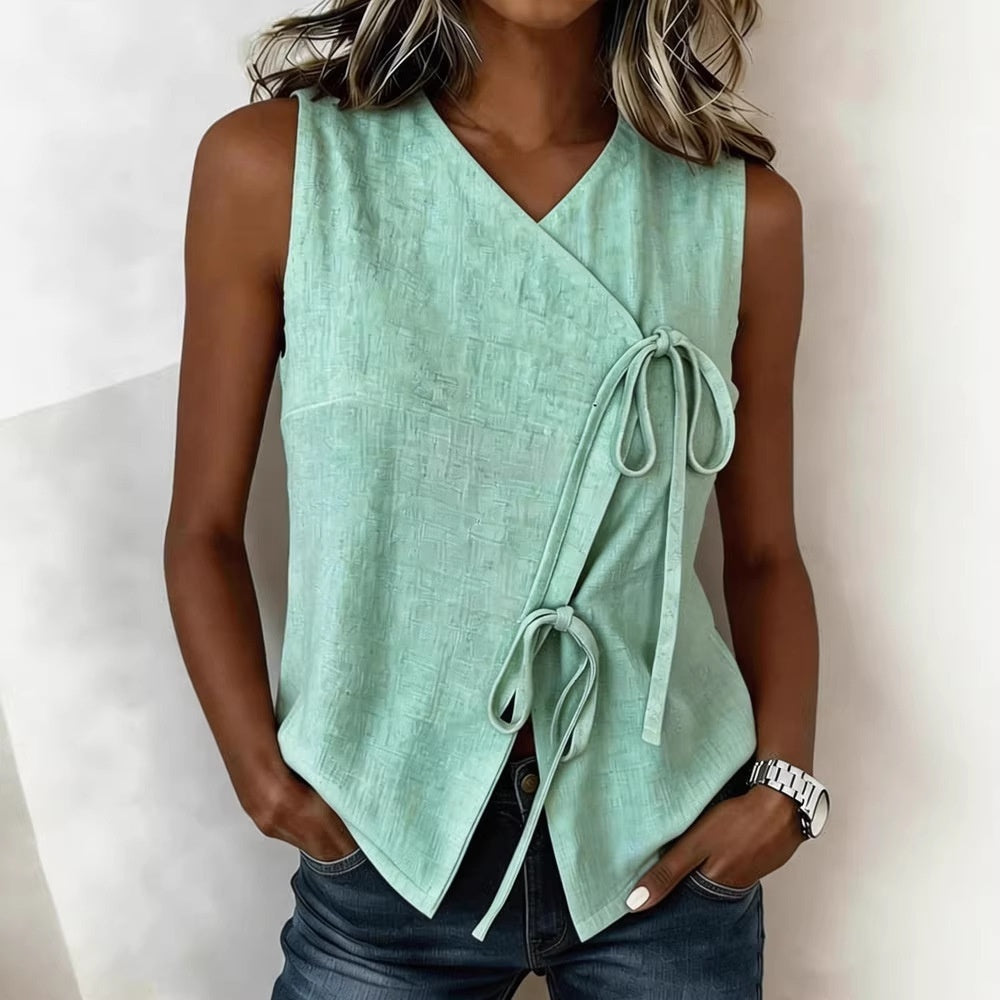 FitiqueFit bow-tied V-neck sleeveless tank top in five colors, casualwear for women, available in sizes S to XXL.