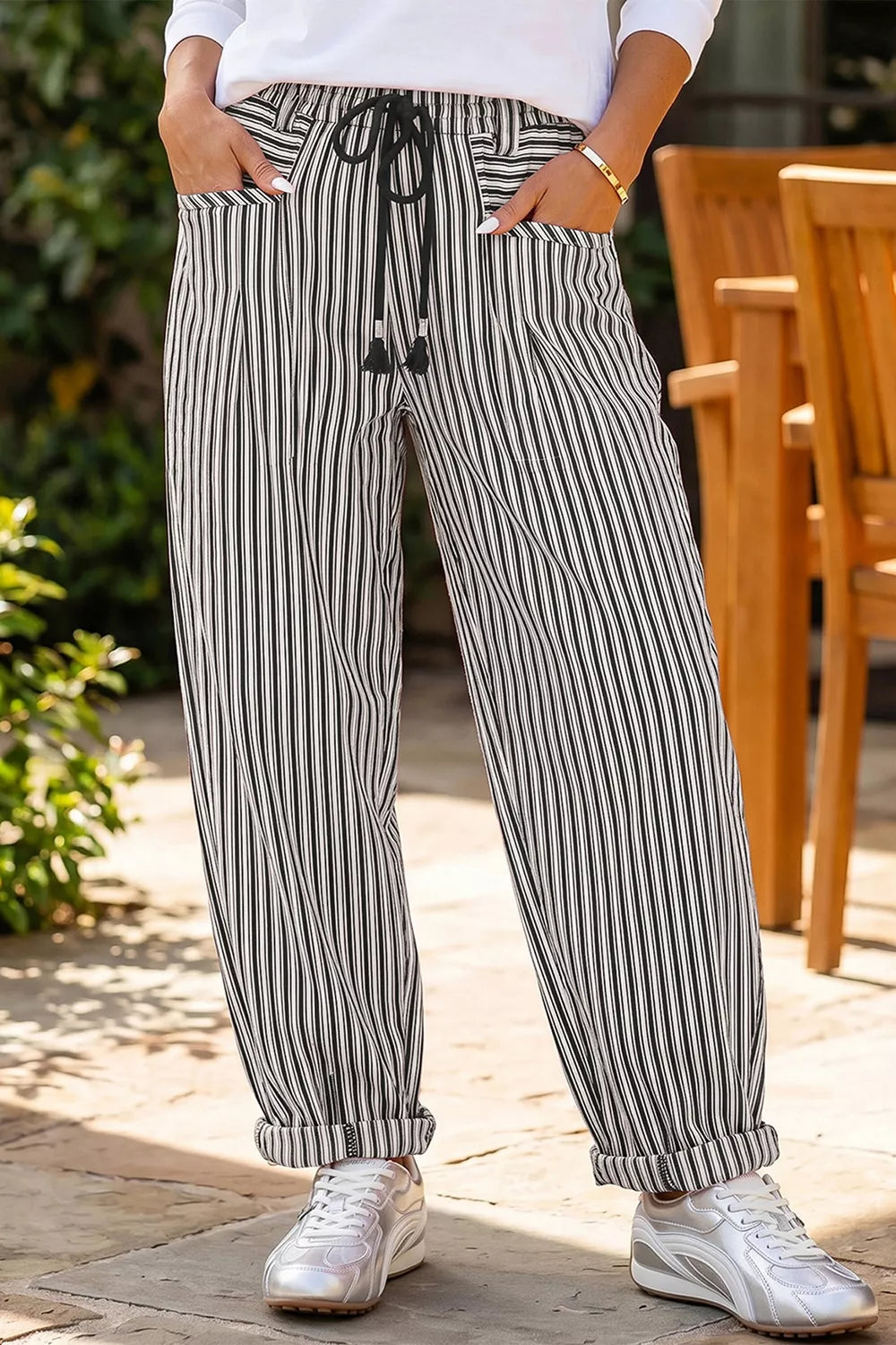 Light gray stripe drawstring casual loose pants from Trendsi, featuring a relaxed fit and comfortable waistband.