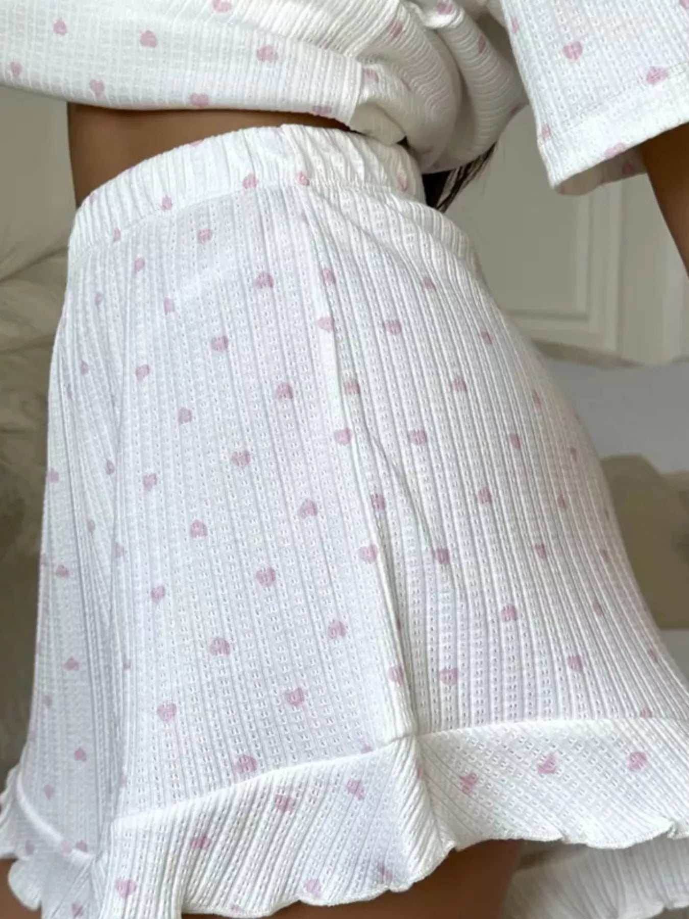 Heart print casual top and shorts lounge set by Shopimist, featuring a cozy, stylish matching outfit for relaxed wear.