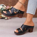 Women's open toe mid block heel sandal by Trendsi, stylish and comfortable dressy casual shoe with ankle strap and neutral tone.