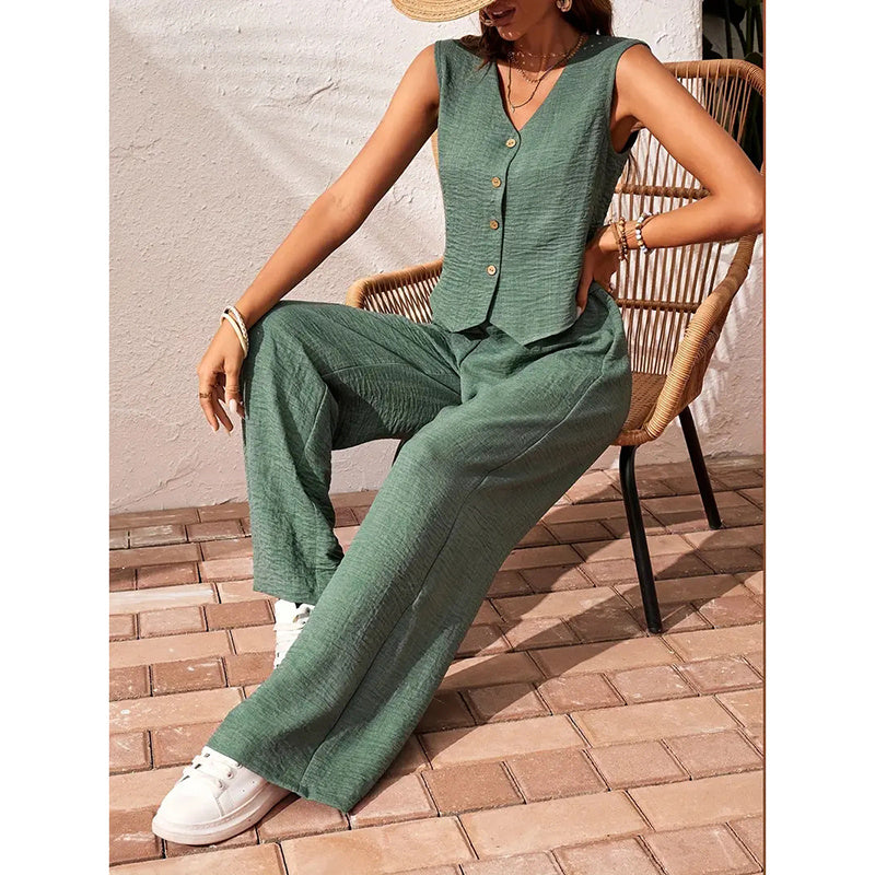 Women's crop vest blazer and wide-leg pants casualwear set by Plush Fashion Hub, featuring a stylish coordinated outfit.
