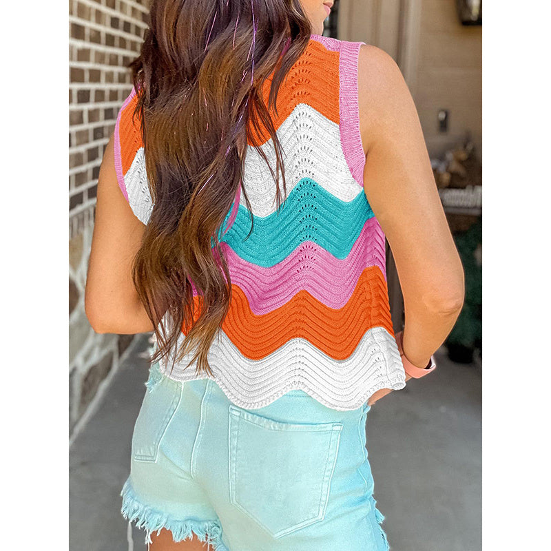 Women’s rainbow-striped cropped sweater vest from FitiqueFit, casualwear with colorful horizontal stripes and a relaxed fit.