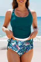 Everlee stripe drawstring tummy control tankini swimsuit by Threaded Pear, featuring a fitted design and vibrant stripe pattern.