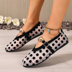 Women's polka dot mesh slip-on flats by Trendsi, lightweight casual walking shoes with breathable mesh and comfortable design.
