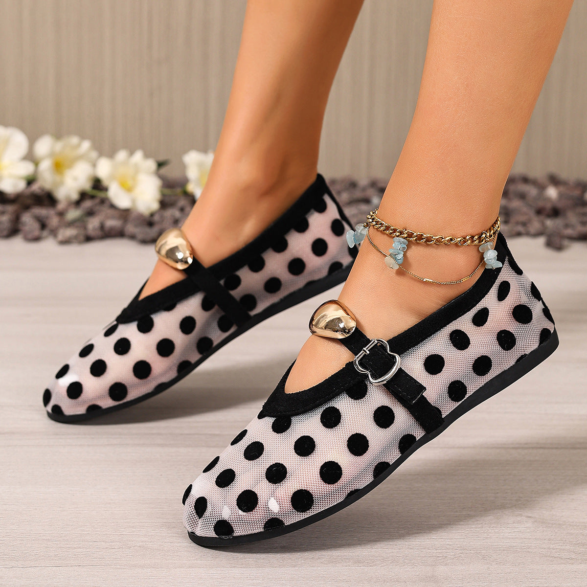 Women's polka dot mesh slip-on flats by Trendsi, lightweight casual walking shoes with breathable mesh and comfortable design.