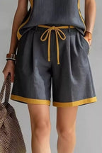 Trendsi contrast trim sleeveless tank and shorts loungewear set, casual clothing with stylish details and comfortable fit.