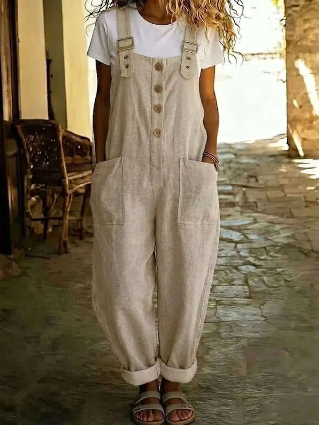 Casual button-front wide-leg overalls from Shopimist featuring a relaxed fit and classic design, shown on a model.