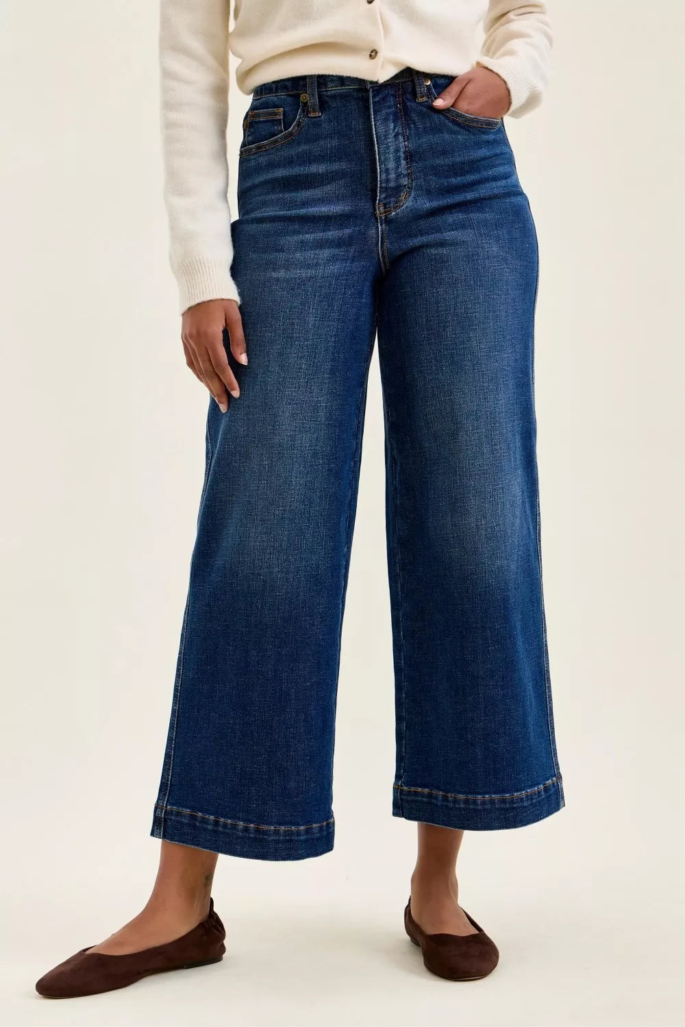 Plush Fashion Hub Judy Blue high waist Claudia ankle wide jeans with distressed details and classic denim wash.