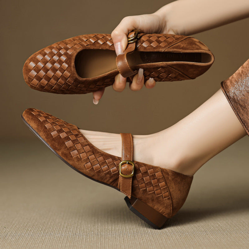 Women's Plush Fashion Hub sheepskin Mary Jane shoes with single strap, round toe, flat leather footwear in natural color.