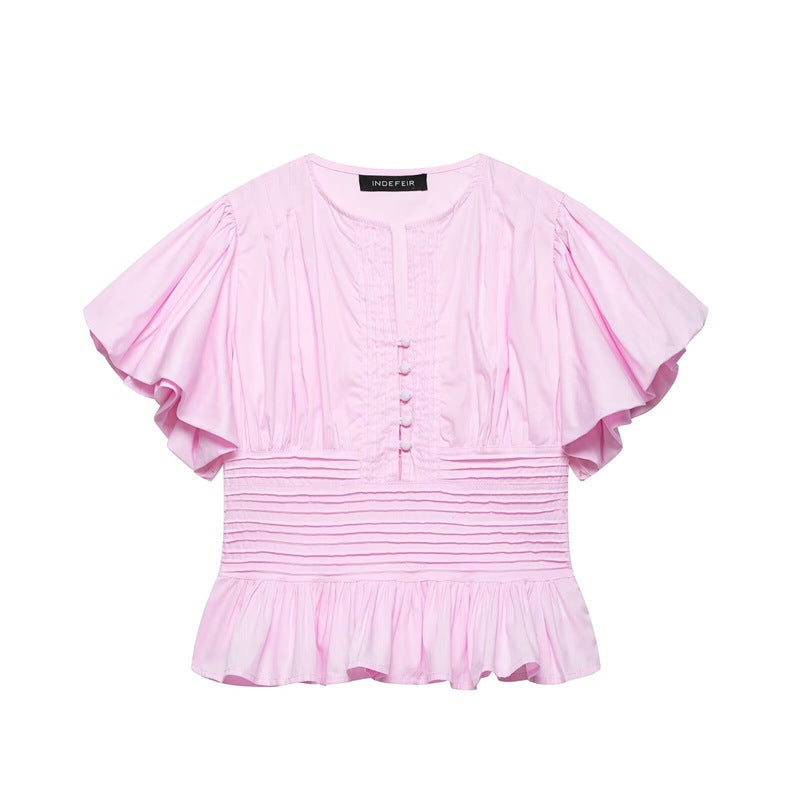 Women's FitiqueFit ruffle-trim puff-sleeve blouse top with slim fit, elegant casualwear, featuring feminine ruffle details and puff sleeves.