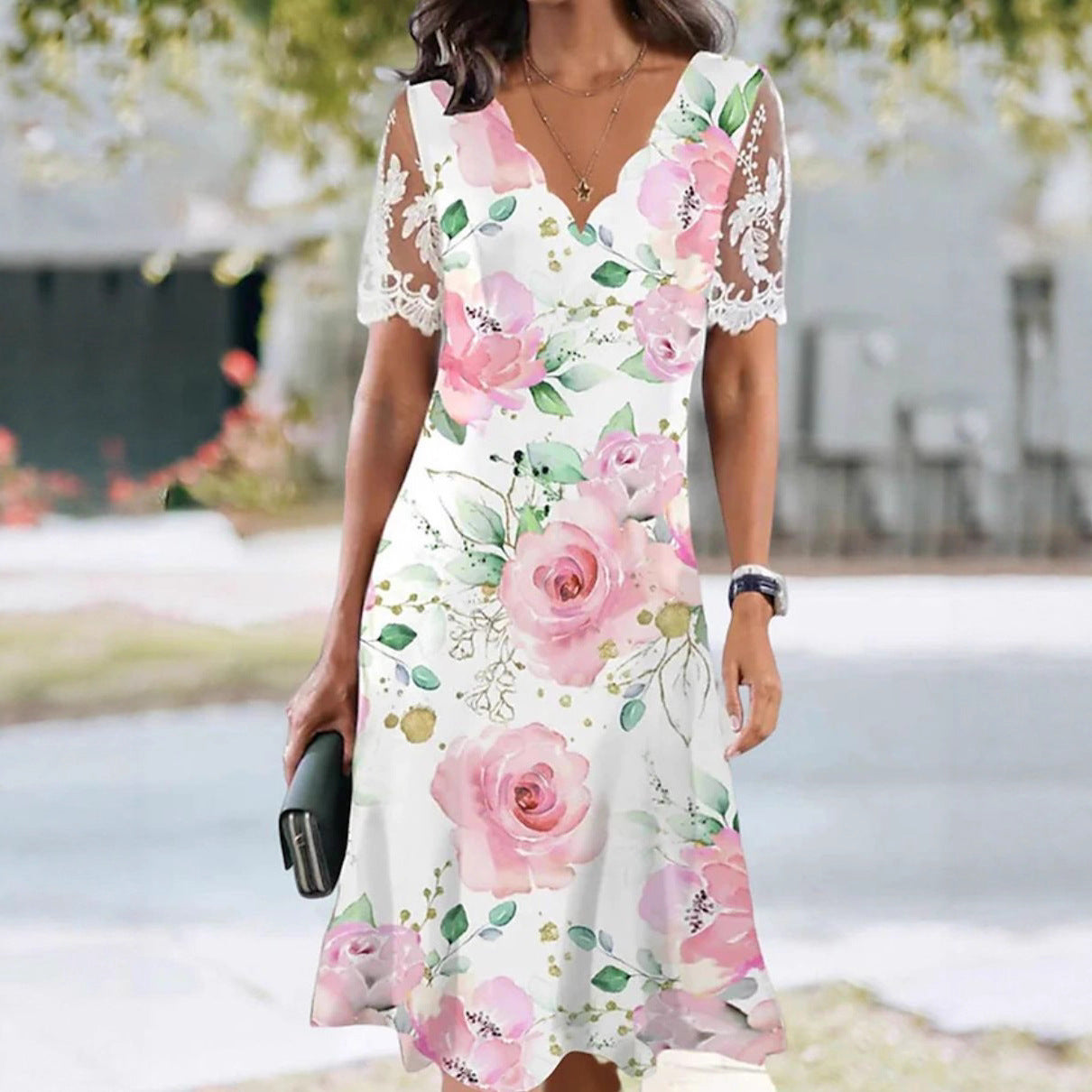 Women's floral lace high-waist A-line midi dress with flounce neckline by FitiqueFit, featuring a feminine floral pattern and elegant design.