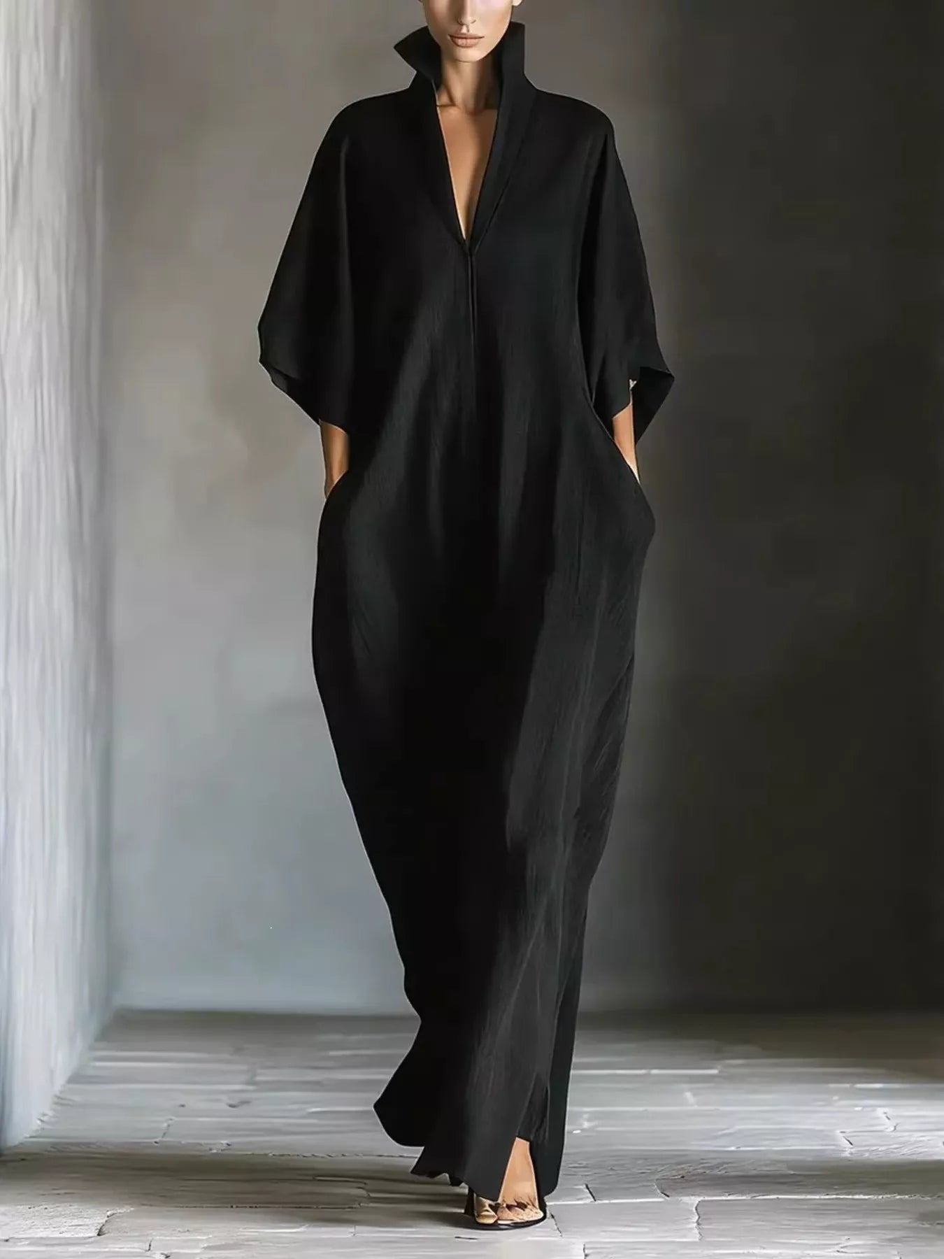 Plush Fashion Hub 3/4 sleeve maxi dress with pockets, flowing fabric, and a stylish, comfortable design for casual wear.