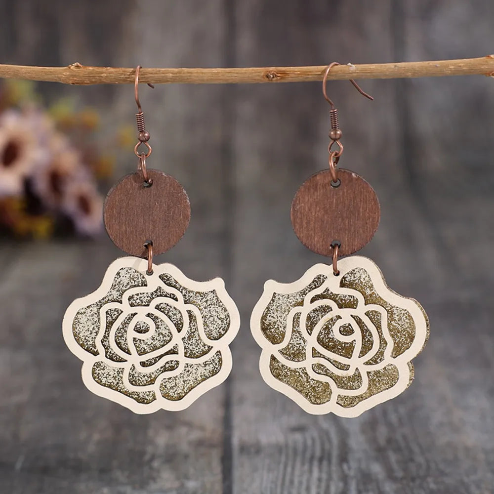 Wooden alloy rose-shaped dangle earrings with floral design, stylish jewelry for fashion accessory, from Shopimist.