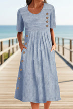 FitiqueFit button-down swing maxi dress with short sleeves, pockets, and pullover style, perfect for casual or summer wear.