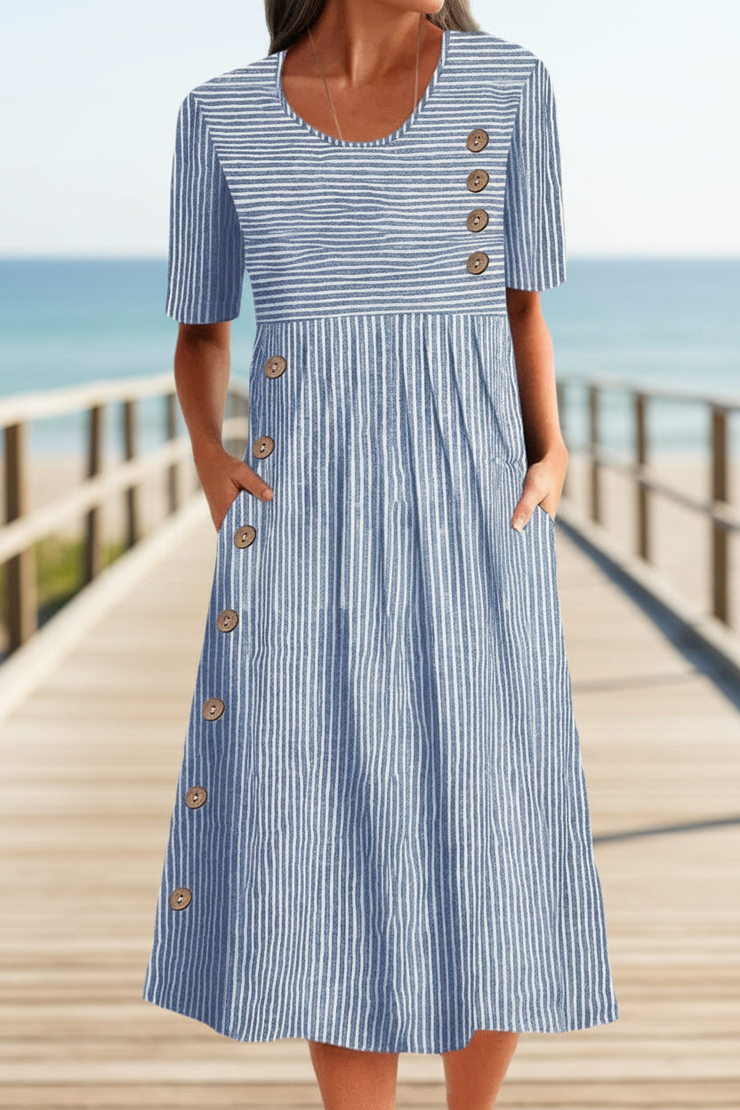 FitiqueFit button-down swing maxi dress with short sleeves, pockets, and pullover style, perfect for casual or summer wear.