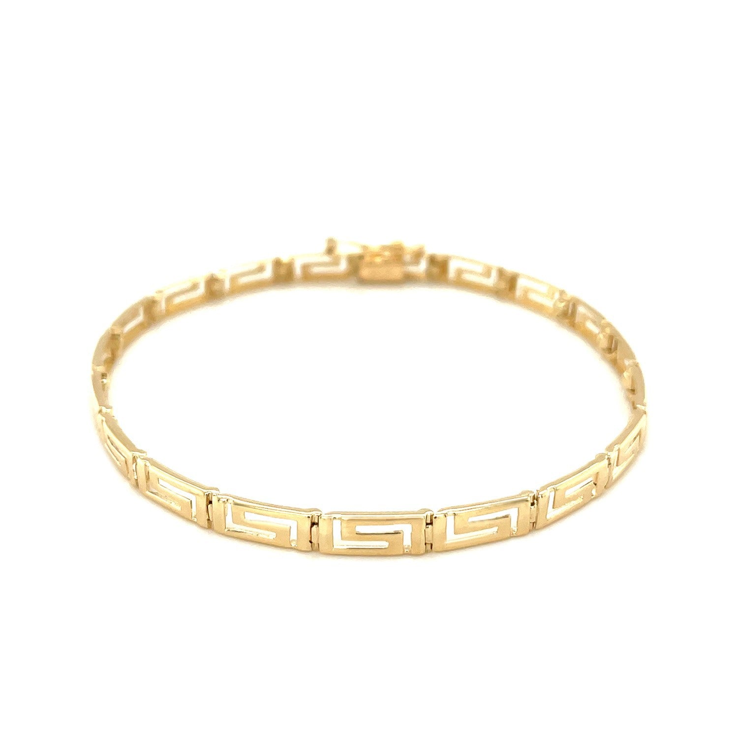 14k yellow gold Greek fret design bracelet with intricate pattern, stylish jewelry piece featuring a fancy gold bracelet style.