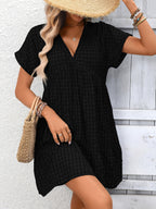 Plush Fashion Hub chic plaid v-neck mini dress with ruffle hem, lightweight seasonal fashion, stylish dress for casual or semi-formal wear