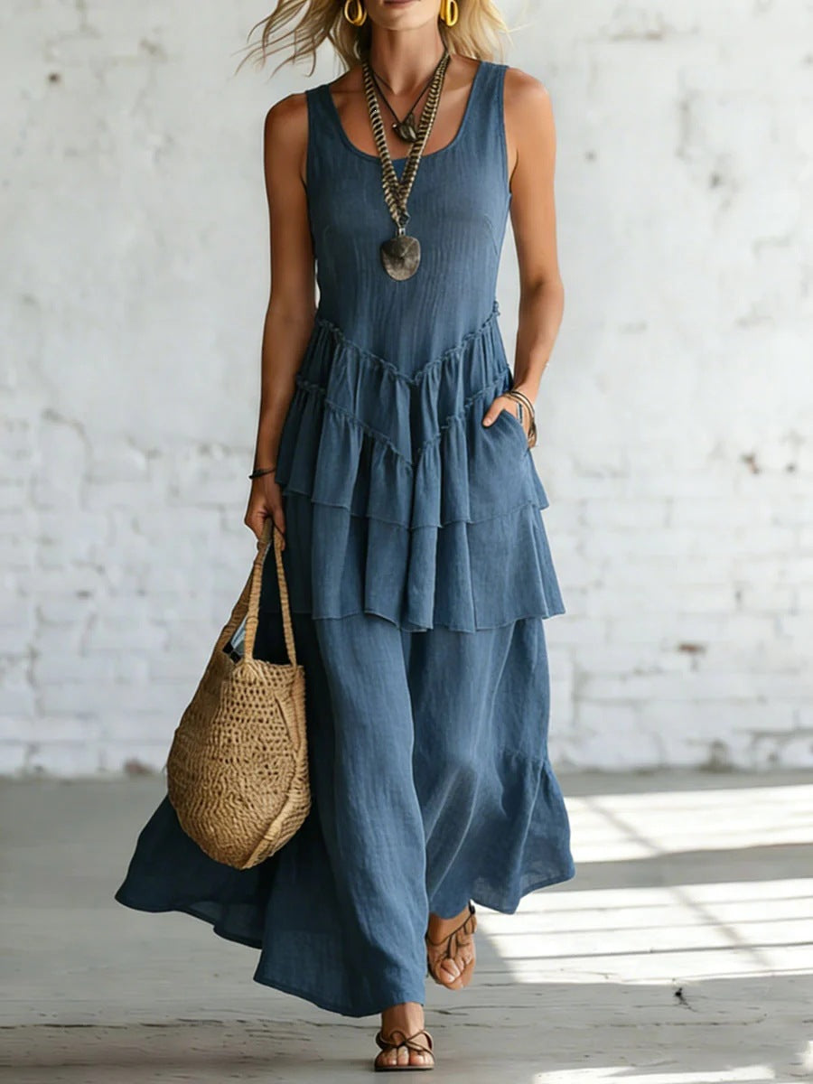 Women's cotton linen sleeveless maxi dress in a loose, casual style, perfect for warm weather from Plush Fashion Hub.