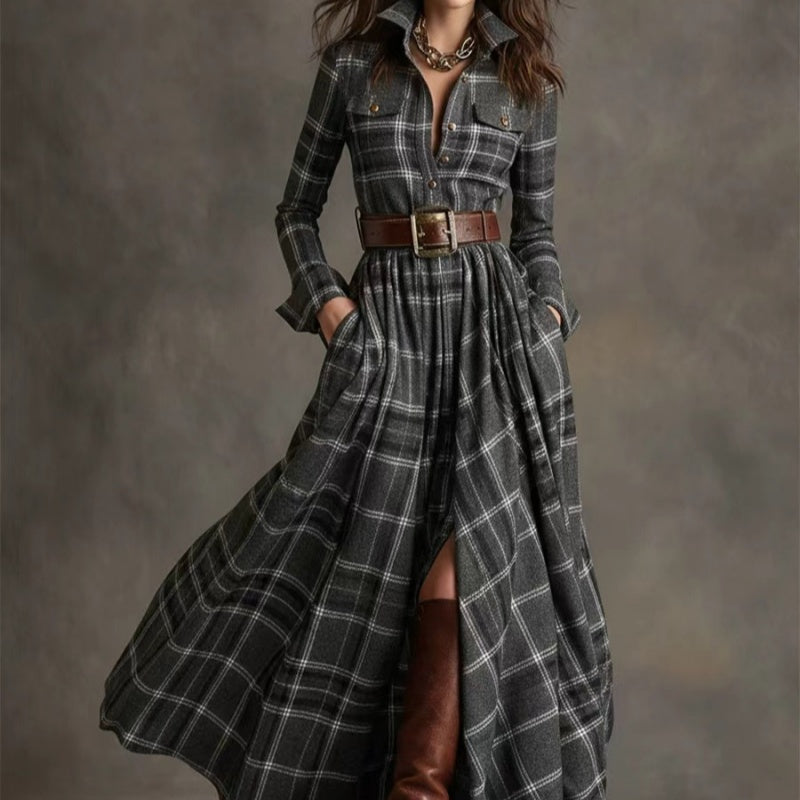 Plus size plaid print long sleeve shirt dress with pockets by FitiqueFit, featuring a casualwear design and a relaxed fit.