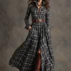 Plus size plaid print long sleeve shirt dress with pockets by FitiqueFit, featuring a casualwear design and a relaxed fit.