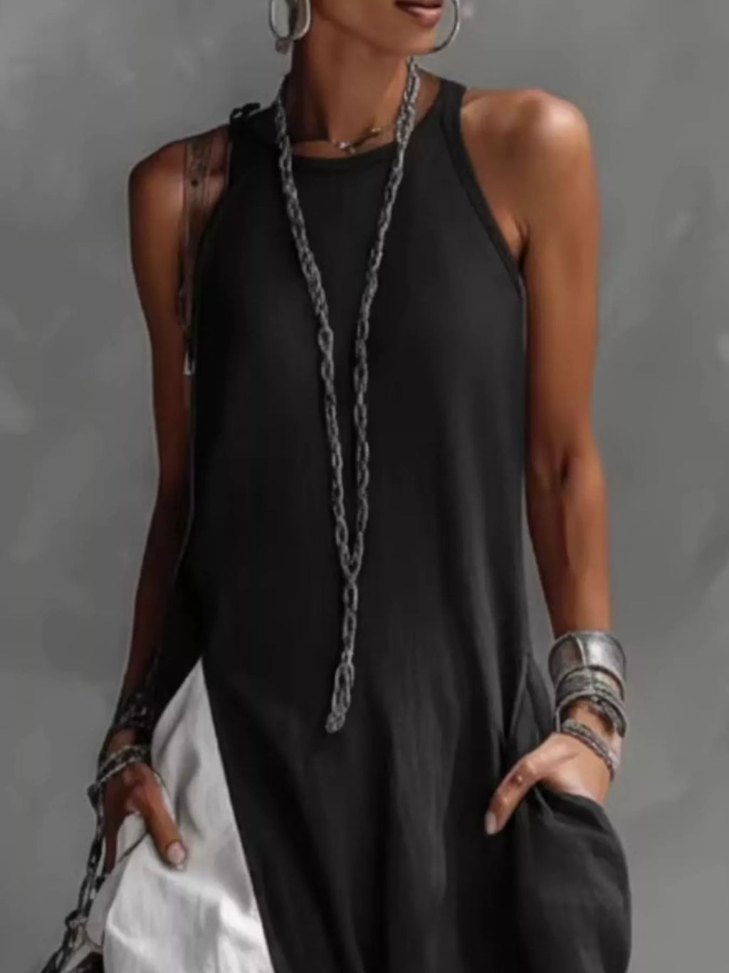 Two-tone sleeveless maxi dress by Plush Fashion Hub, elegant casual floor-length summer gown with a flowing silhouette.