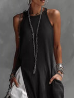 Two-tone sleeveless maxi dress by Plush Fashion Hub, elegant casual floor-length summer gown with a flowing silhouette.