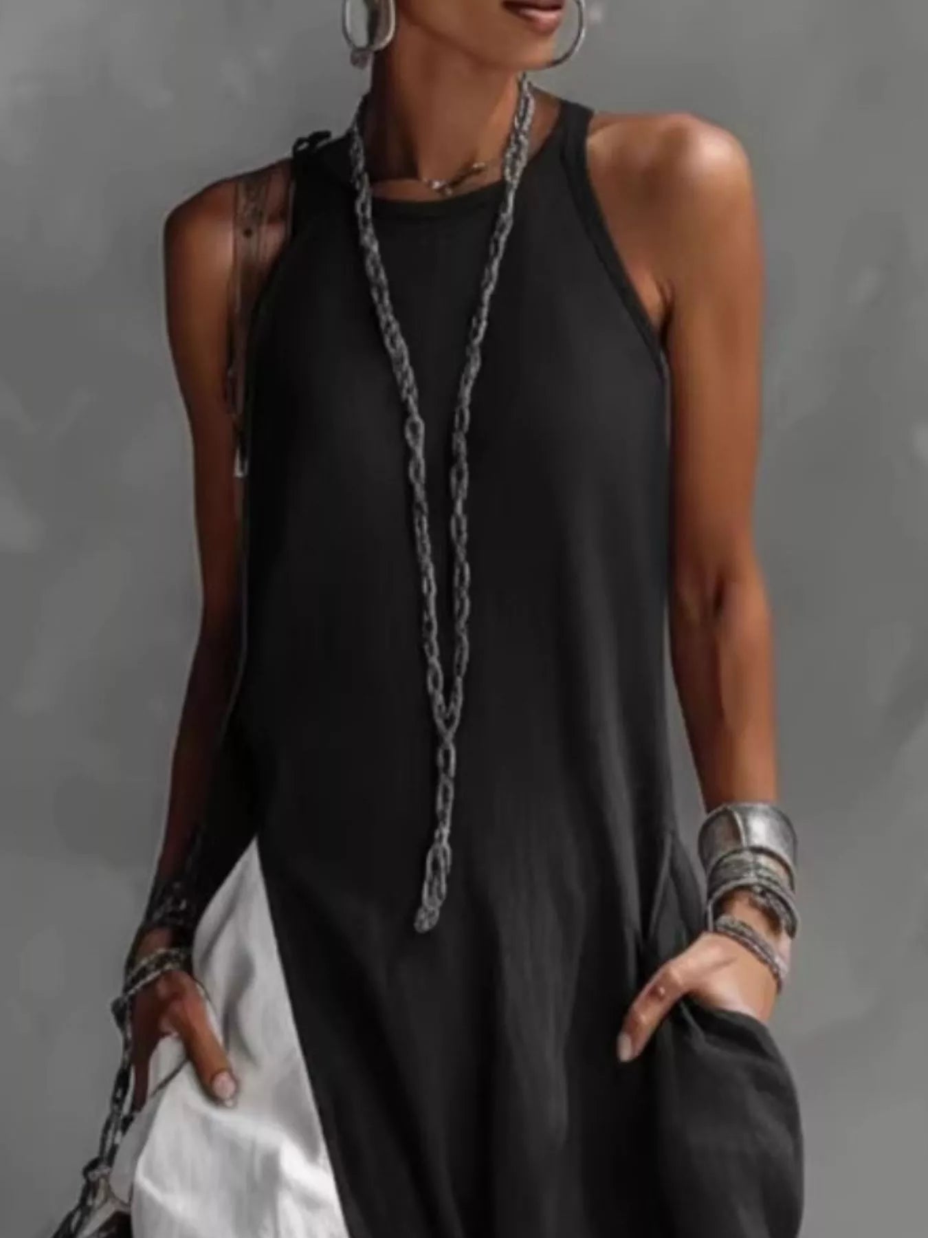 Two-tone sleeveless maxi dress by Plush Fashion Hub, elegant casual floor-length summer gown with a flowing silhouette.