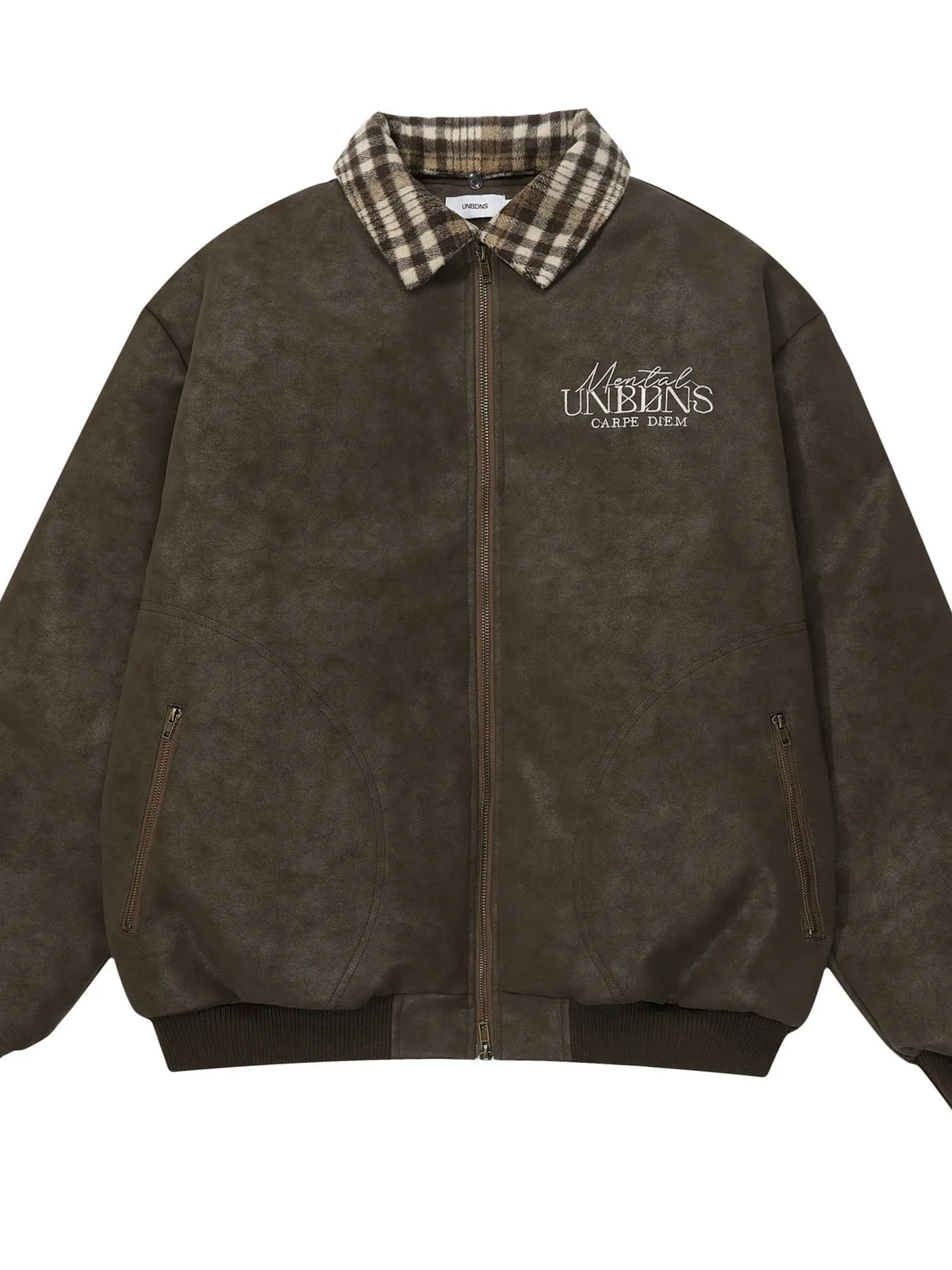 Men's plaid collar detail zip-up jacket, trendy outerwear by Trendsi featuring classic checkered pattern and front zipper.