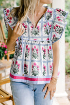 Women's floral print ruffle sleeve blouse with lightweight fabric and tied neckline, stylish top by Trendsi.