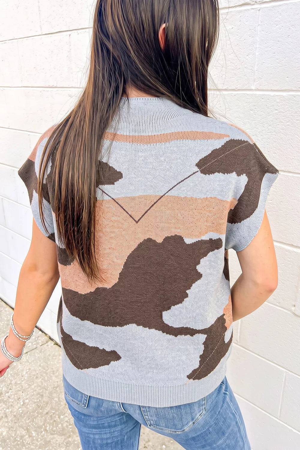 Camouflage drop shoulder high neck short sleeve shift sweater from Plush Fashion Hub, featuring a stylish pattern and comfortable fit.