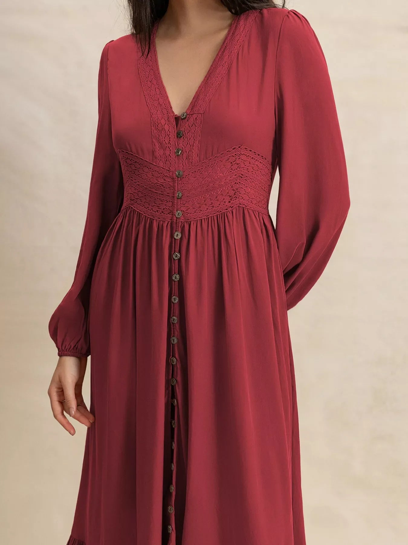 Plush Fashion Hub plus size V-neck balloon sleeve maxi dress with a flowing silhouette and soft fabric, styled for a casual look.