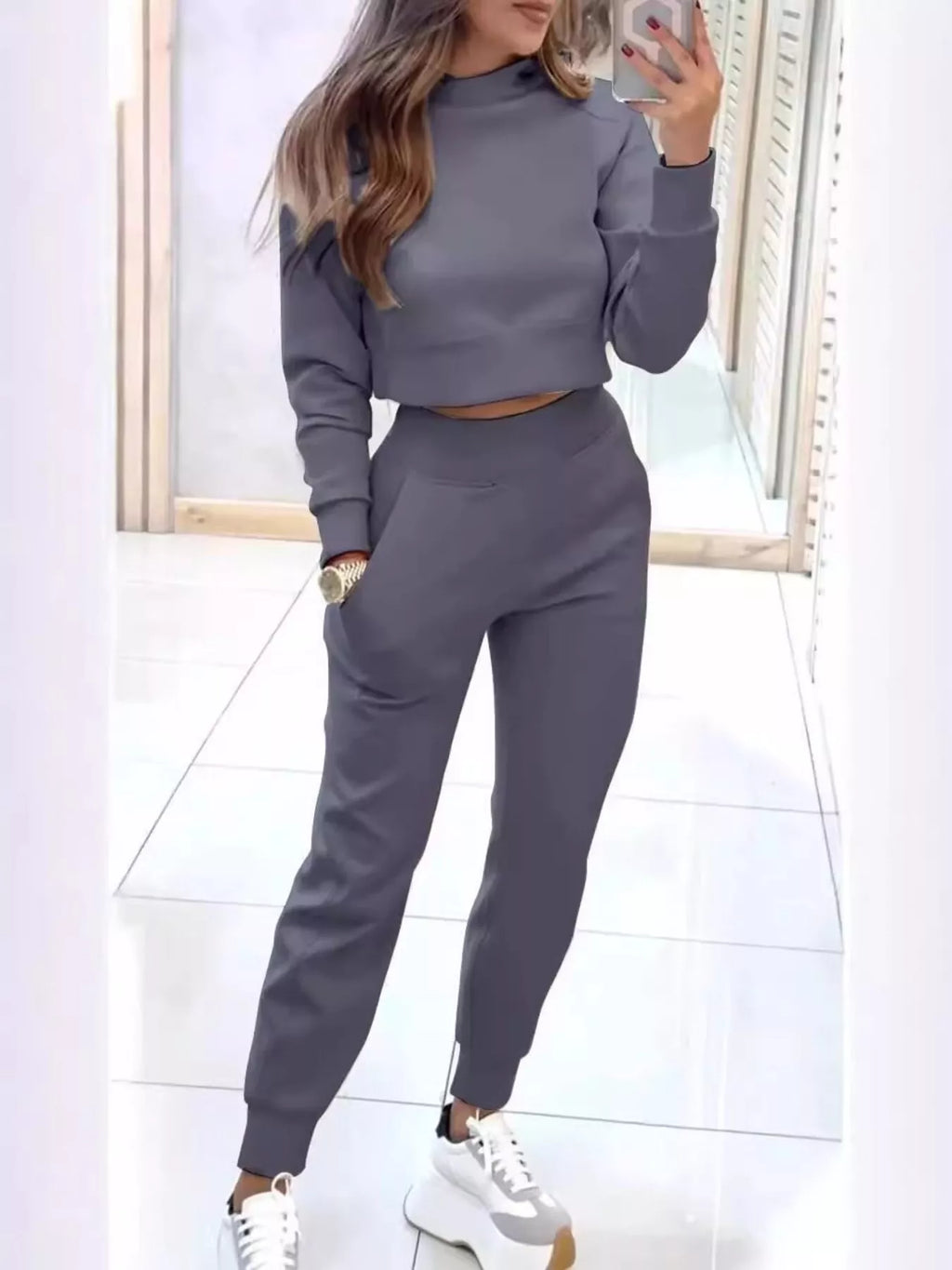 Simply Love casual chic cropped sweatshirt and jogger set displayed on a model, featuring comfortable, stylish loungewear.