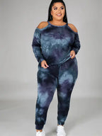 Plus size women's off-shoulder tie-dye casual suit featuring a relaxed fit and comfortable fabric, perfect for trendy everyday wear.
