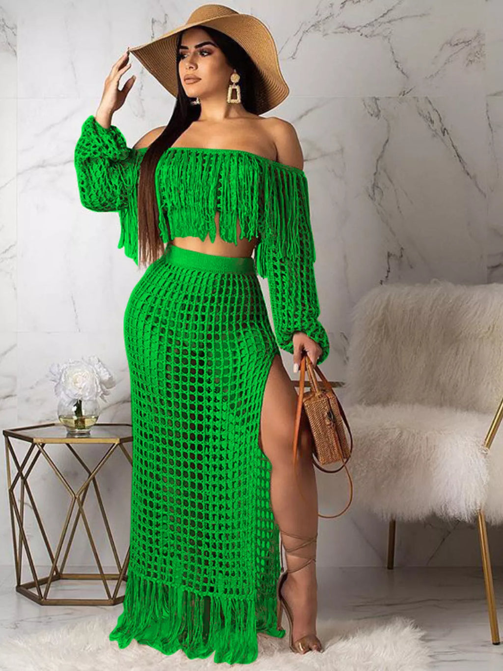 Plus size crochet off-shoulder fringe top and skirt set, two-piece crochet clothing by Shopimist, featuring intricate detailing and boho style.
