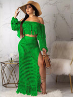 Plus size crochet off-shoulder fringe top and skirt set, two-piece crochet clothing by Shopimist, featuring intricate detailing and boho style.