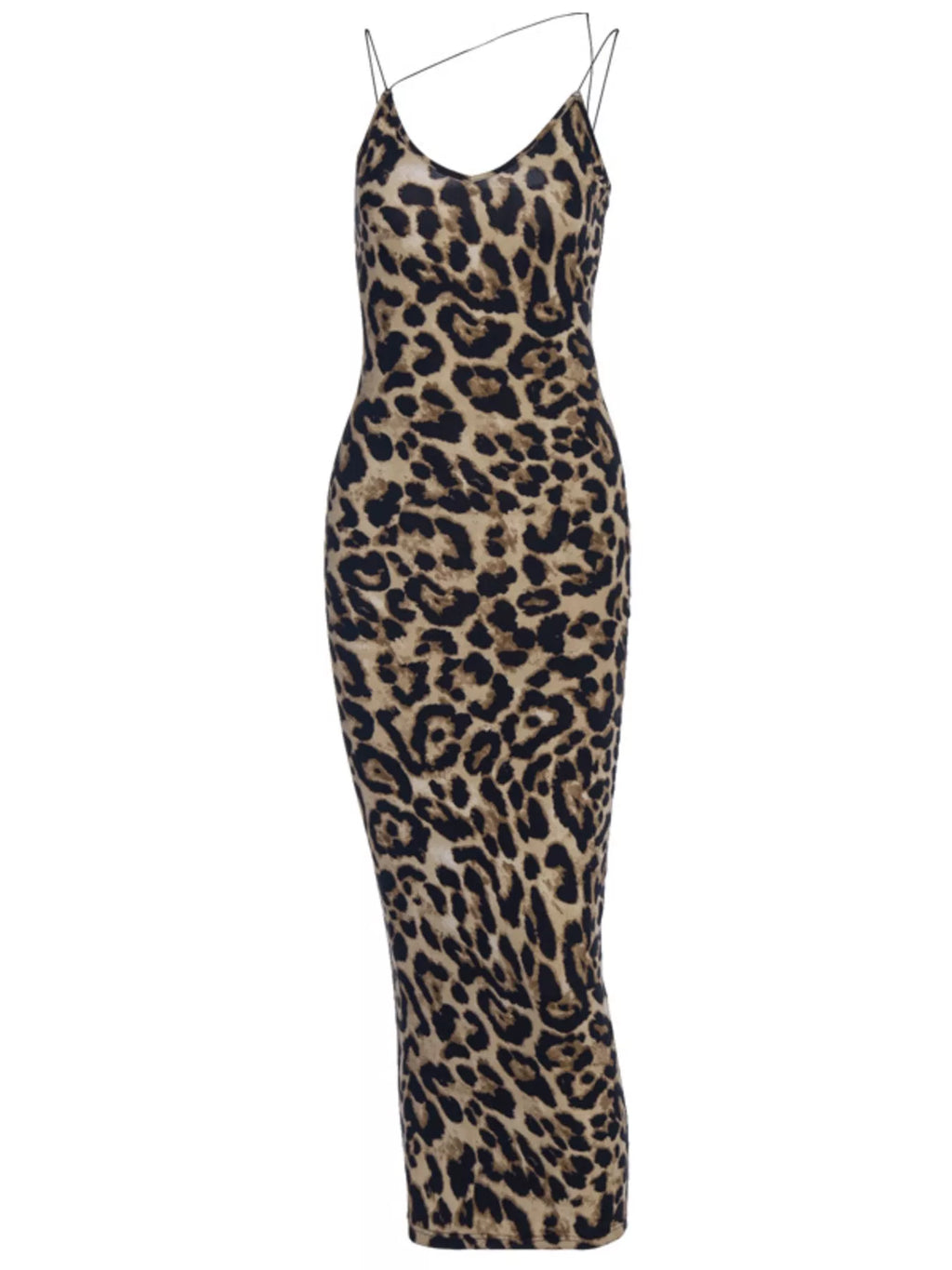 Leopard print spaghetti strap midi dress by Shopimist, flowing fabric, fitted waist, and stylish design for casual or dressy occasions.
